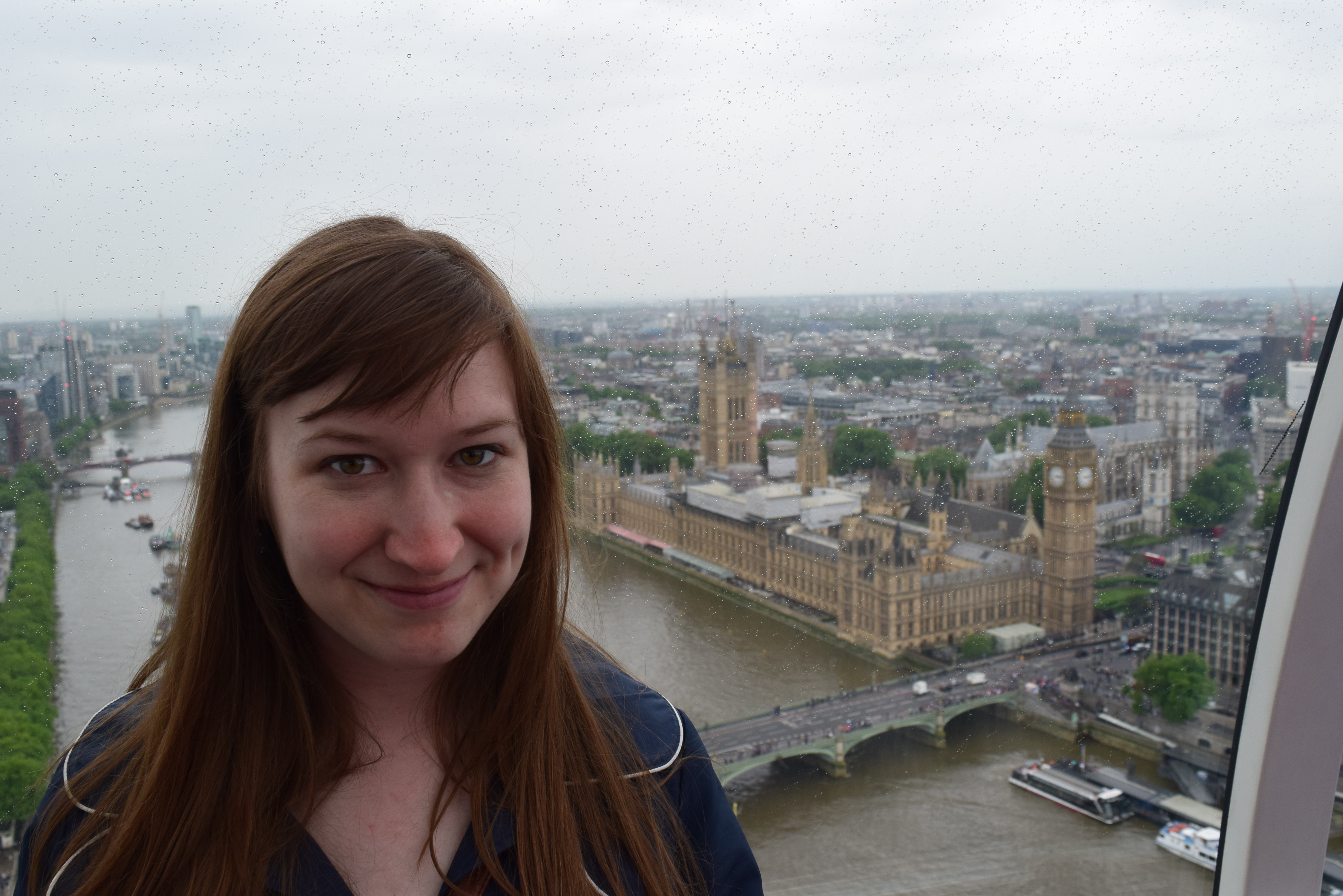 Author on London Eye in front of Parliament and Big Ben